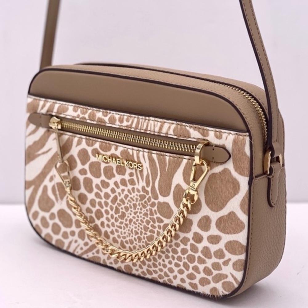 Michael Kors Large EW Zip Chain Crossbody Bag Camel color with real calf hair